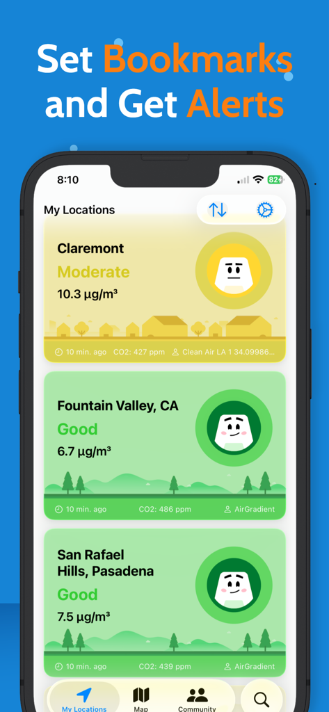 Interfaz de AirGradient Map que muestra datos de calidad del aire en tiempo real para ubicaciones guardadas