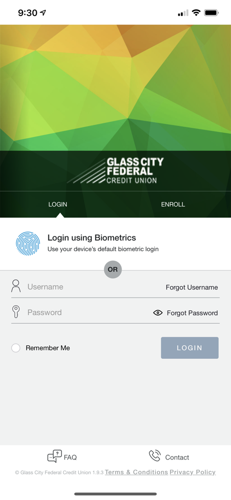 Page de connexion de l'application Glass City Card Controls avec des options d'entrée biométrique et manuelle