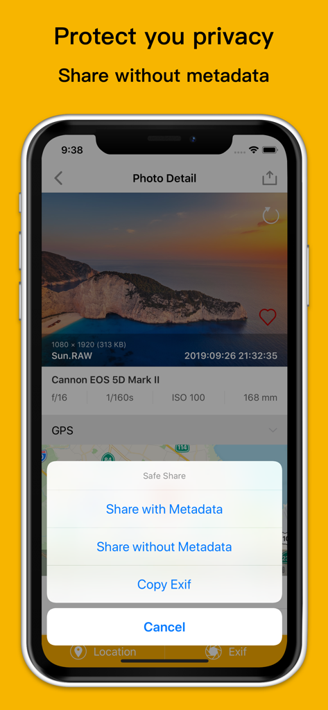 Interface of Exif Viewer app showing the safe share menu to protect privacy by removing metadata before sharing a photo