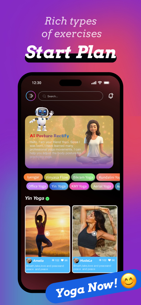 Yokoo：Video Chat & Girls Share - Yokoo Mobile App-Oberfläche, die eine Vielzahl von Yoga-Übungsstilen und eine KI-Haltungskorrekturfunktion zeigt
