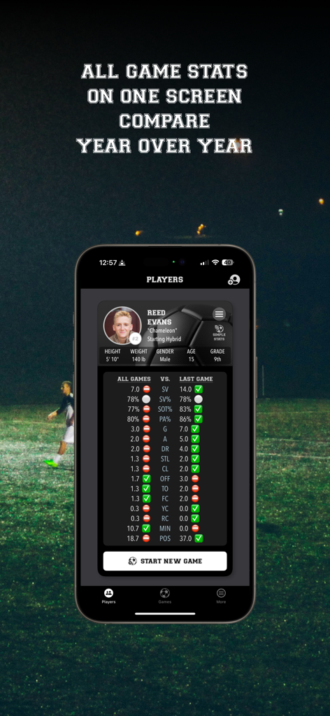 게임 통계 비교를 보여주는 축구 선수 프로필, 부모 및 코치용