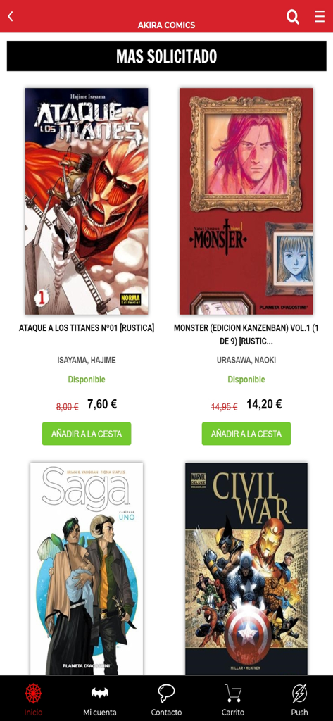 O aplicativo móvel Akira Comics exibindo os mangás e quadrinhos mais solicitados com preços em Euros.