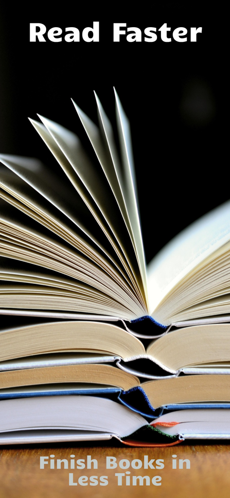 SpeedMind - Speed Reading App - Una pila de libros abiertos con texto que dice Lee Más Rápido y Termina Libros en Menos Tiempo