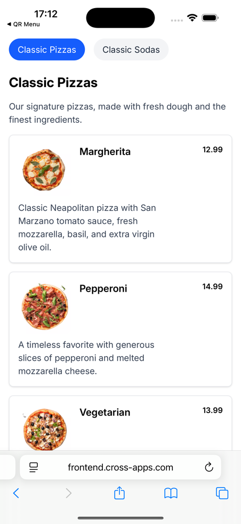 Vista móvil de un menú digital de restaurante que muestra opciones clásicas de pizza con precios y fotos