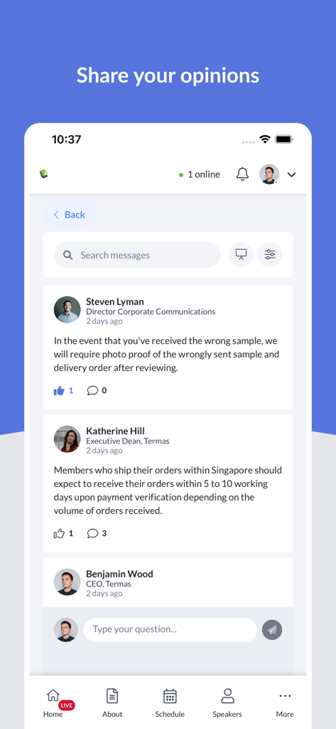 Micepad - A screenshot of the Micepad app showing an interactive Q and A feed where event attendees share professional insights and questions.