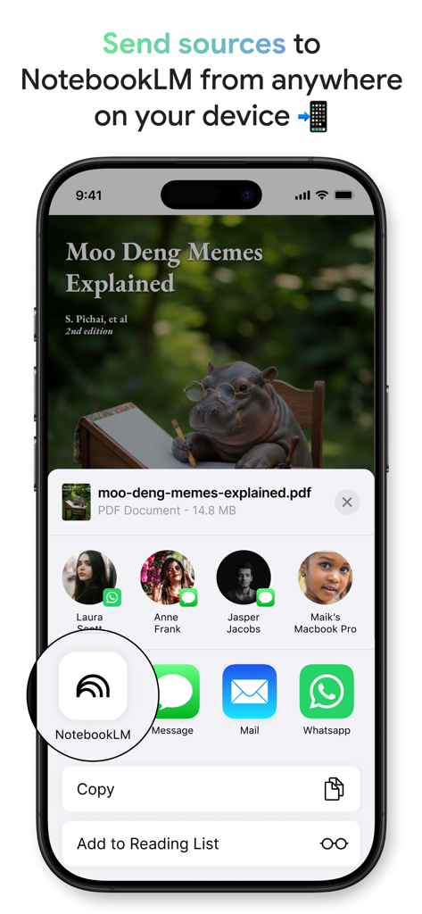 Pantalla de iPhone que muestra el menú Compartir de iOS con Google NotebookLM seleccionado para enviar una fuente PDF