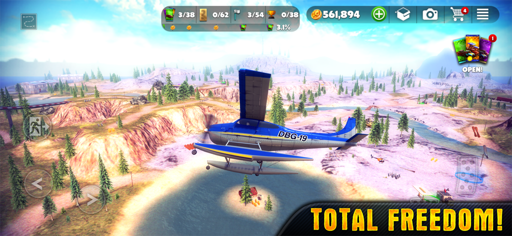 A blue seaplane flying over a mountainous landscape and water in the Off The Road open world simulator