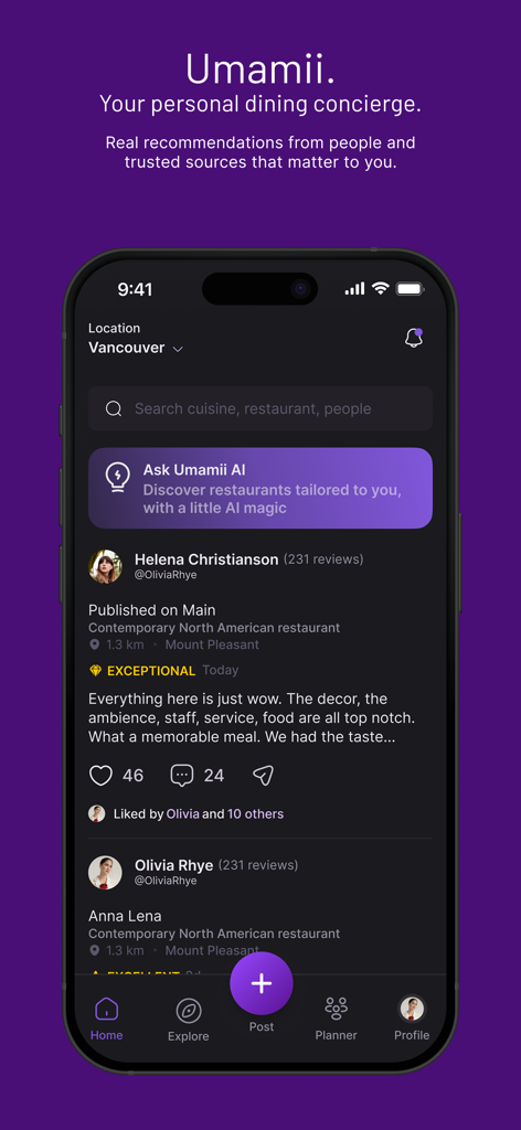 Umamii mobile app home screen showing social restaurant reviews and an AI-powered discovery feature.