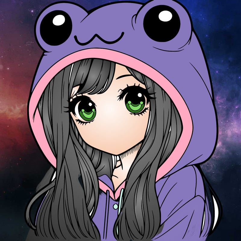 a pretty girl wearing a frog hoodie portrait with long hair