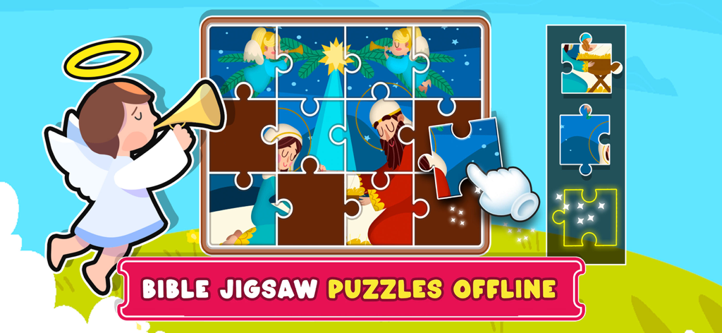 Bible Puzzles and Games - A colorful Bible jigsaw puzzle game interface for kids featuring a Nativity scene with Mary Joseph and Baby Jesus