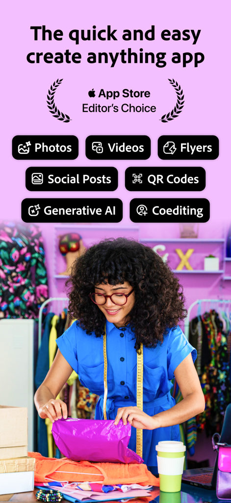 Interface de l'application mobile Adobe Express présentant des fonctionnalités telles que les photos, les vidéos et les outils d'IA pour les créateurs de petites entreprises