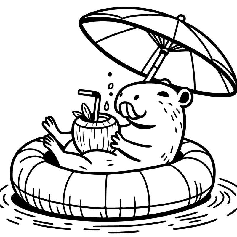 capybara on a pool float drinking coconut milk with an umbrella