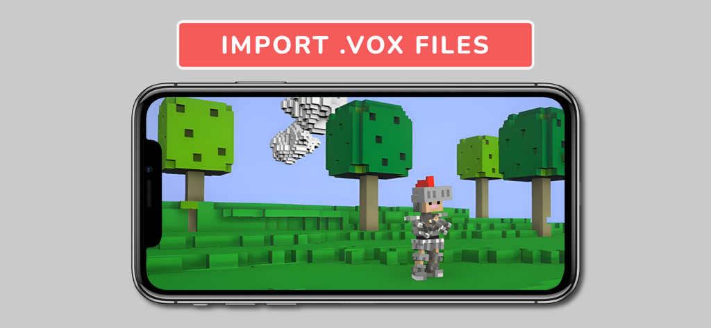 Animatoon Pro - A smartphone displaying a 3D voxel landscape with a knight character and a banner stating Import VOX Files.