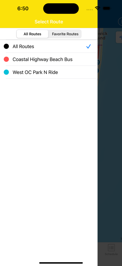 OCMD Beach Bus - Route selection menu in the OCMD Beach Bus app showing Coastal Highway and West OC Park and Ride routes