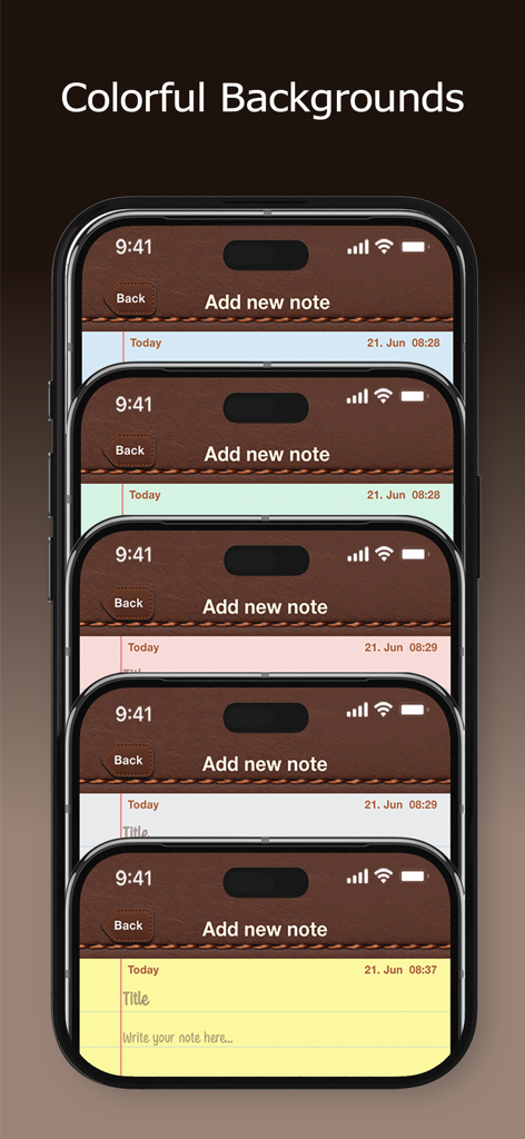 SkeuoNotes - 스티치된 가죽 헤더가 있는 노란색, 분홍색, 녹색을 포함한 여러 가지 다채로운 종이 배경 옵션을 보여주는 SkeuoNotes 앱 인터페이스