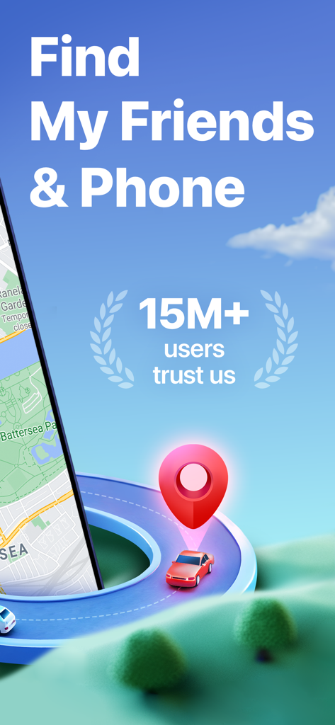 Findo app screenshot highlighting real-time location tracking and trust from over 15 million users.