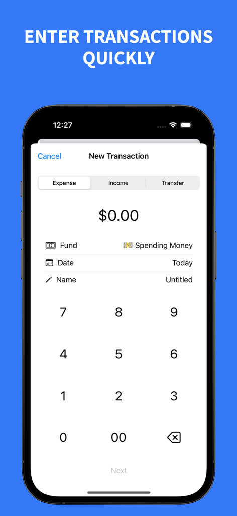 The new transaction screen in the Petty Cash app featuring a numeric keypad for quick expense entry