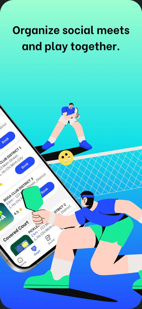 Mobile app interface showing pickleball court listings and social match organization
