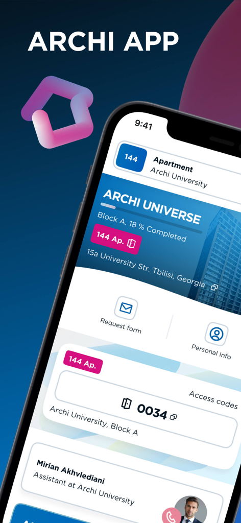 My Archi - Mobile interface of My Archi app showing apartment details construction status and building access codes