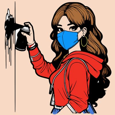 realistic girl with mask spray painting a wall
