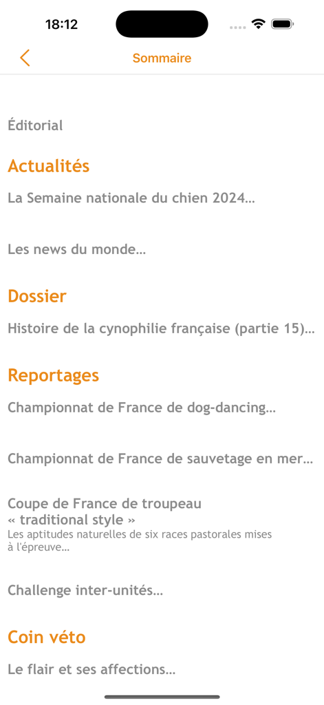 Centrale Canine Mag - Sumário do aplicativo Centrale Canine Mag mostrando seções para notícias, relatórios sobre esportes caninos e saúde veterinária.