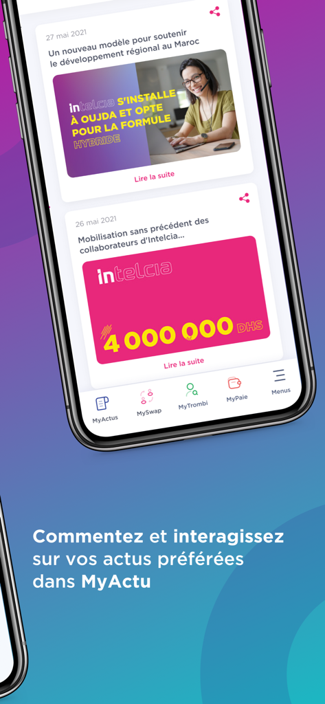 Interface do aplicativo My Intelcia exibindo o feed de notícias MyActu onde os funcionários podem ler e interagir com atualizações corporativas