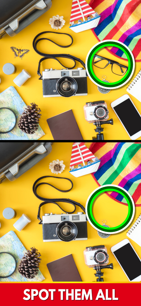Find The Differences: Spot It - Un rompecabezas para encontrar las diferencias con accesorios de viaje sobre un fondo amarillo y un artículo faltante resaltado.
