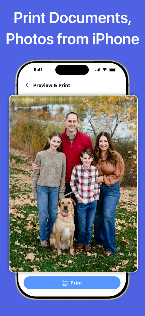 iPhone 앱 미리 보기 화면에 파란색 인쇄 버튼과 함께 인쇄할 준비가 된 가족 사진이 표시됩니다.
