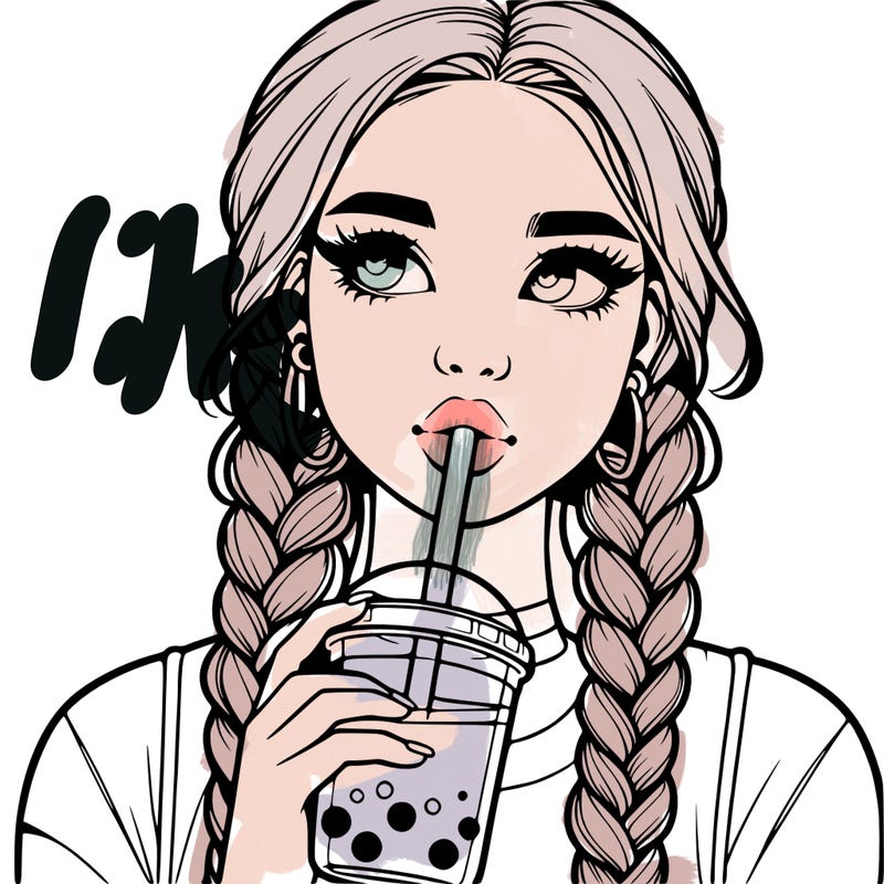 realistic girl with braided hair drinking boba