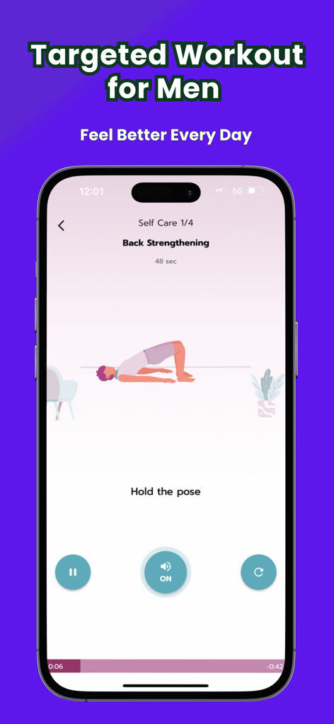 Kegel Men: Breathing Exercises - Eine mobile App-Oberfläche, die einen männlichen Charakter zeigt, der eine Rückenkräftigungsübung für die Beckengesundheit durchführt.