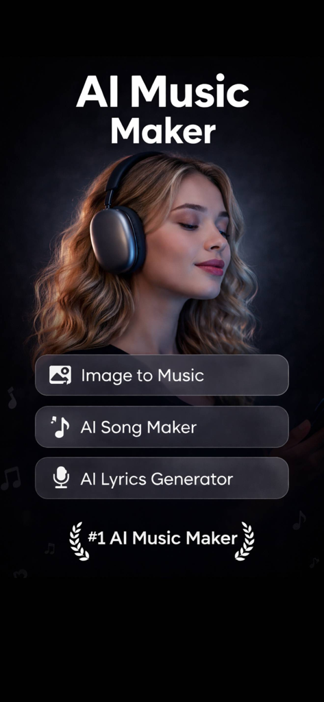 Ai Music : Ai Song Generator - ヘッドフォンを着用した女性。Image to Music、AI Song Maker、AI Lyrics Generatorのメニューボタンが表示されています。