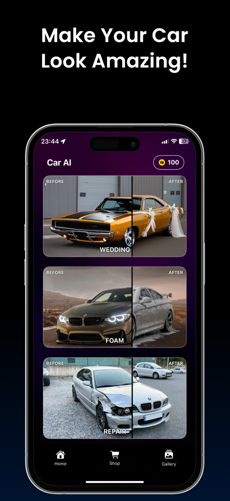 Car AI: Modification Editor - Screenshot of the Car AI app showing before and after transformations for wedding, foam, and repair modes.