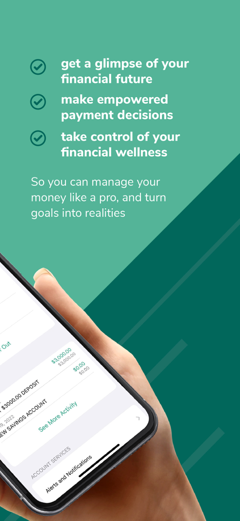 DCU Digital Banking - Hand holding a smartphone displaying the DCU Digital Banking app with financial management tools