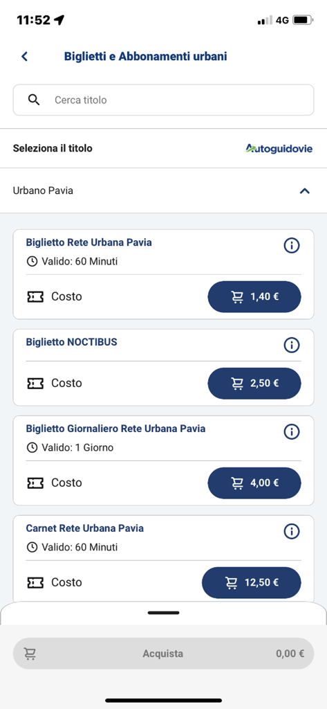 Autoguidovie - Mobile screen showing bus ticket options for Pavia including single, night, and daily passes