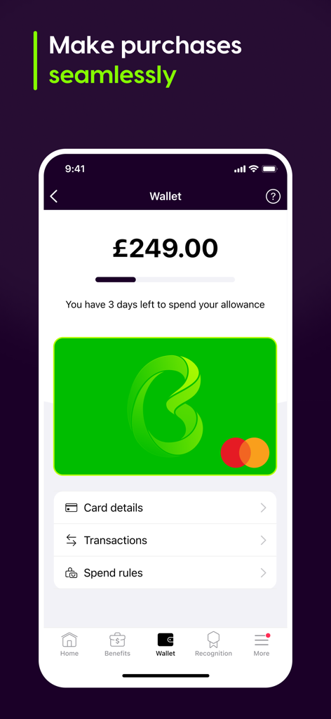 OneHub | Mobile - OneHub Mobile app wallet screen displaying employee allowance balance and virtual card
