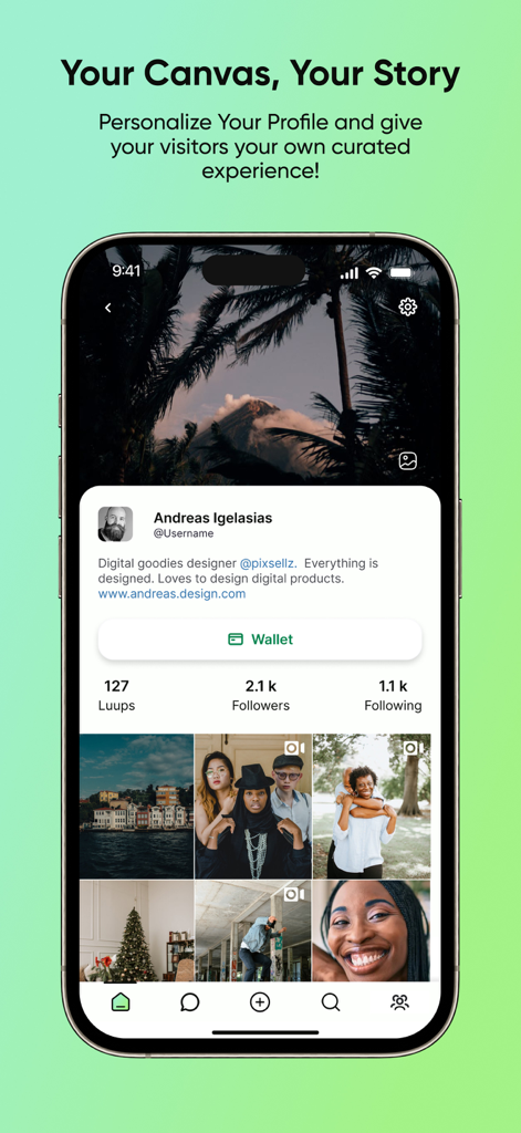 A personalized user profile on the luupli app showing a header image bio wallet button and a grid of posts called luups