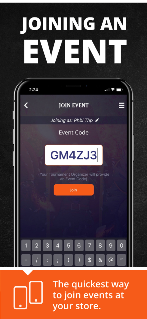 Magic: The Gathering Companion - A mobile screen from the Magic The Gathering Companion app showing the interface to join an in store event using a unique event code.