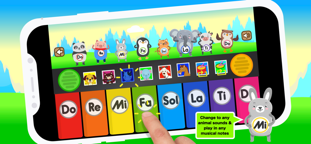 Piano rhymes animal noises - Colorful toddler piano app interface with musical notes and animated animal characters