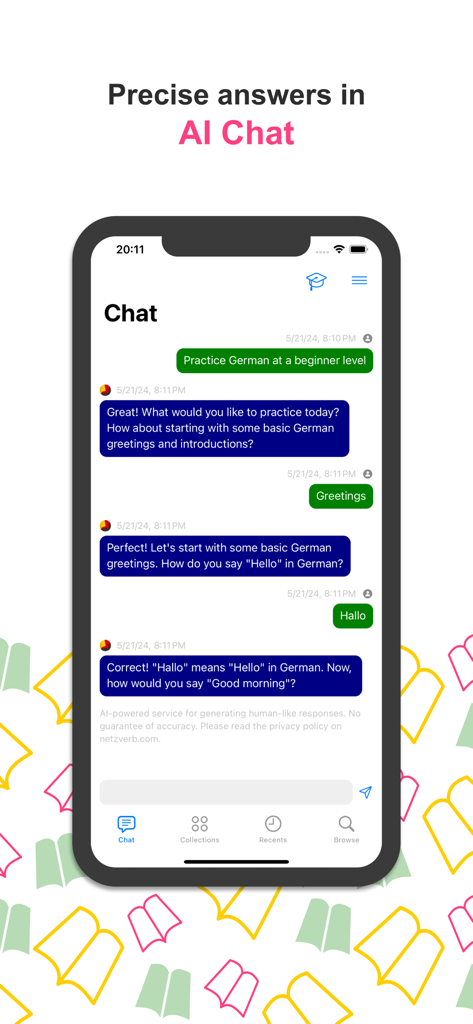 German Dictionary for Learners - Oberfläche einer deutschen Sprachlern-App, die KI-Chat-Übungen für grundlegende Begrüßungen zeigt