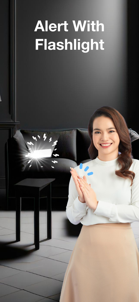 A woman clapping to activate the flashlight alert on a phone hidden on a couch