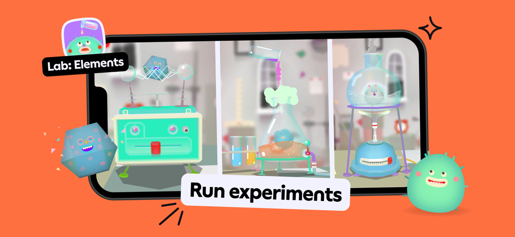 Toca Boca Jr - Tela do aplicativo Toca Boca Jr Lab Elements mostrando experimentos científicos para crianças com personagens fofos e equipamentos de laboratório