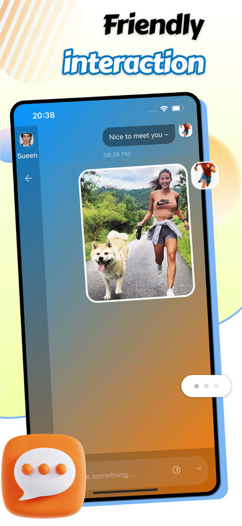 Kelia - Interface of the Kelia app showing a chat screen with a shared photo of a woman running with her dog and a welcome message.