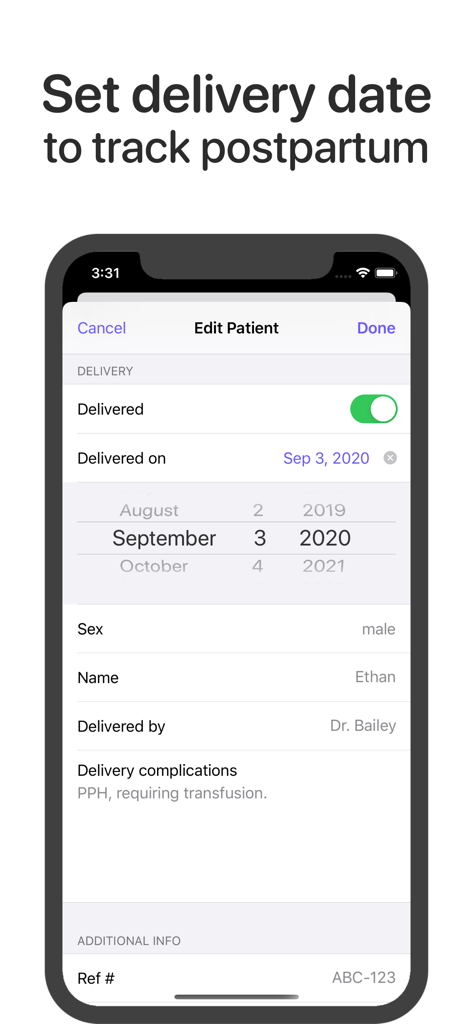 OB Tracker & Pregnancy Wheel - The edit patient screen of the OB Tracker app displaying delivery information and postpartum tracking.