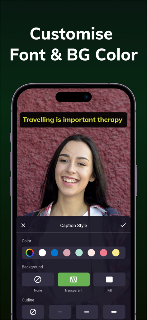 MixBit: Subtitles for Videos - Smartphone screen showing the MixBit app interface for customizing subtitle font and background colors over a video.