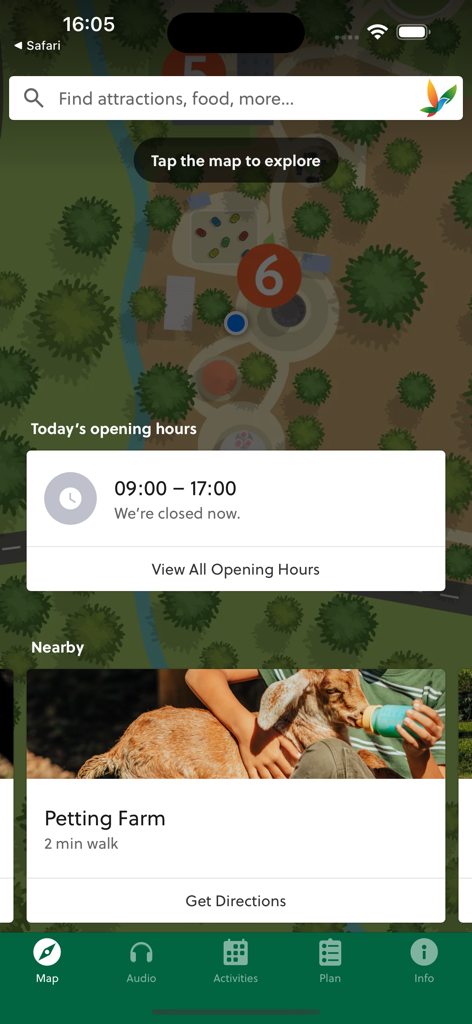 カセラアプリのインタラクティブマップインターフェース。公園の開園時間や、ふれあい動物園などの近くの観光スポットが表示されています。