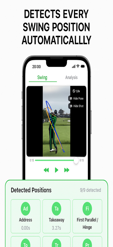 Golf Swing Analysis Pro - AI 기반 골프 스윙 분석 앱이 스윙 위치의 자동 감지를 보여줌