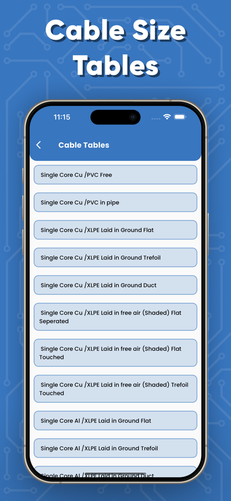 Cable Size Calculators - Mobile app interface displaying a list of various electrical cable types including copper and PVC options for sizing calculations.