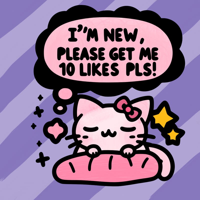 kitty taking a nap dream talking and saying "i'm new, please get me at least 10 likes pls!!"