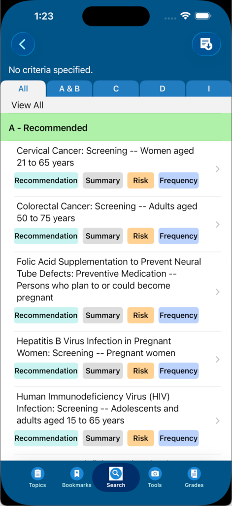 USPSTF Prevention TaskForce app interface listing Grade A recommended clinical preventive screenings for healthcare professionals