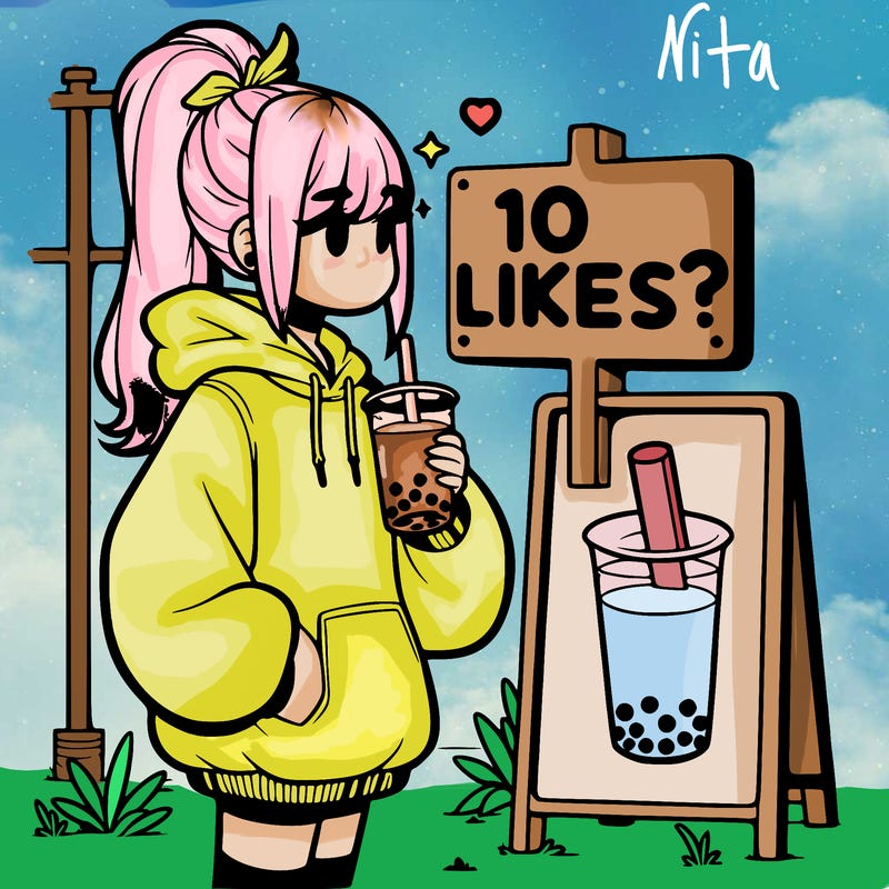 girl with oversized hoodie drinking boba and she has a high ponytail with a sign that says 10likes?